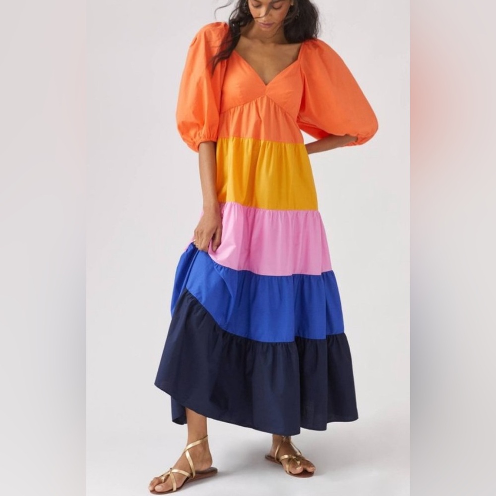 Farm Rio Color Block Maxi Dress Size Medium Orange, Navy, Pink